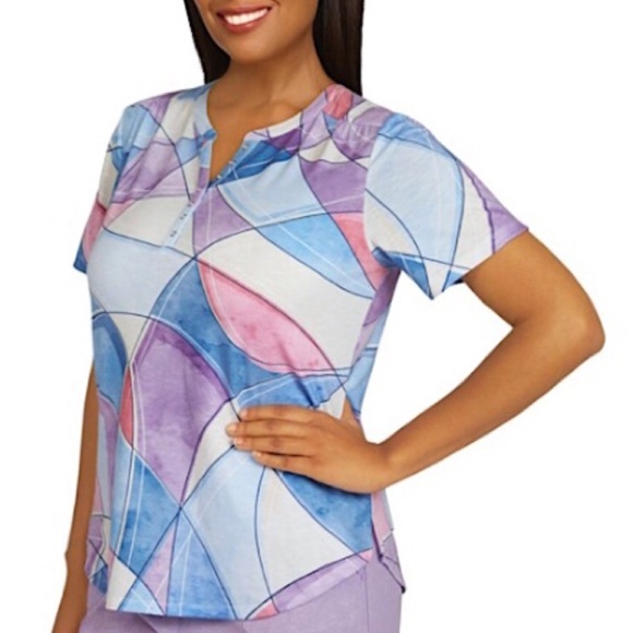 Alfred Dunner Women's Watercolor Patchwork Print Button Henley Top PS NWT - Picture 1 of 9